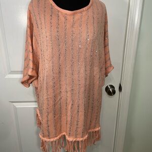 New Directions Peach Fringe Knit Poncho Sweater  Shawl Top Size Large CB-50